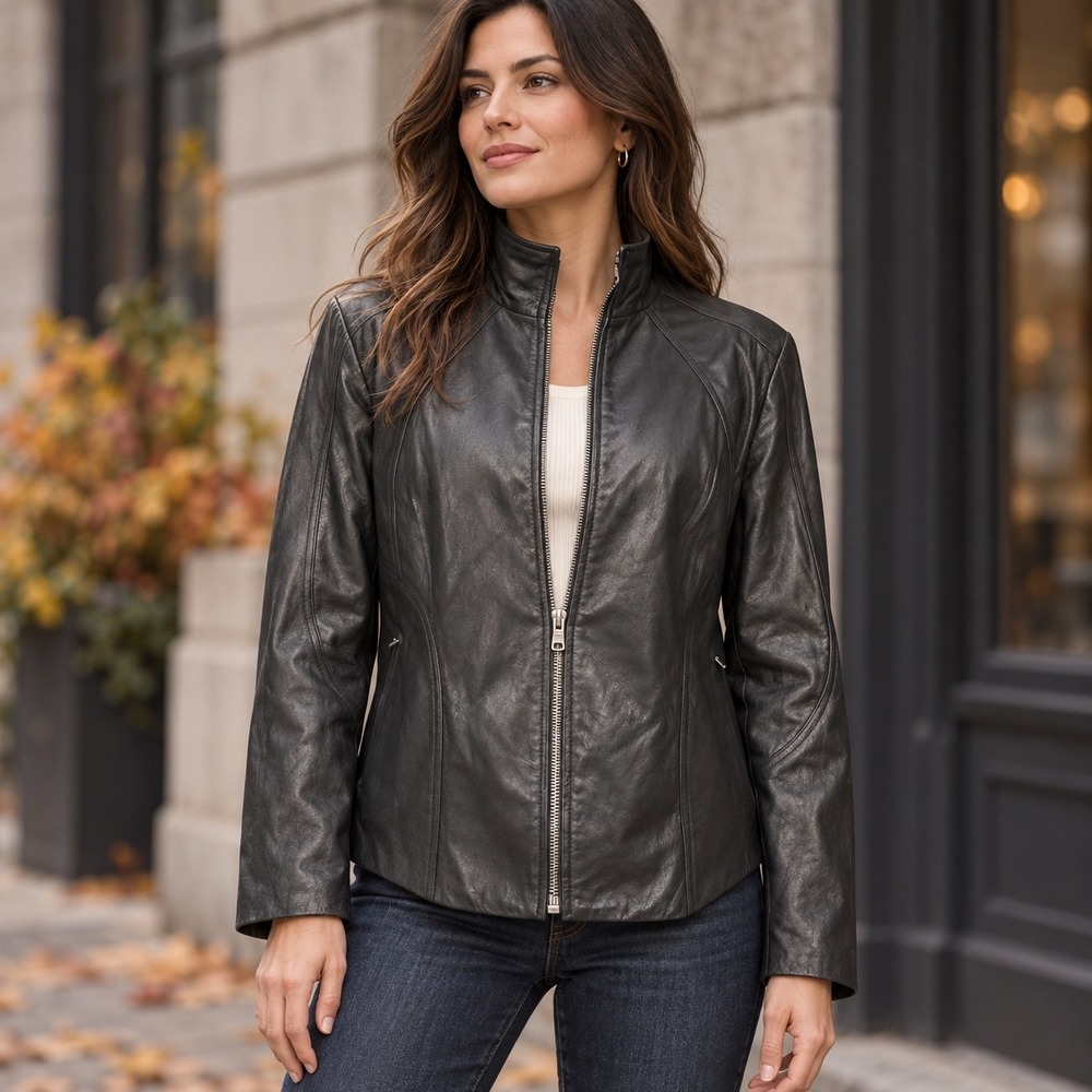Black Leather Stand Collar Zip Up Jacket Floral Lined Moto Style Coat